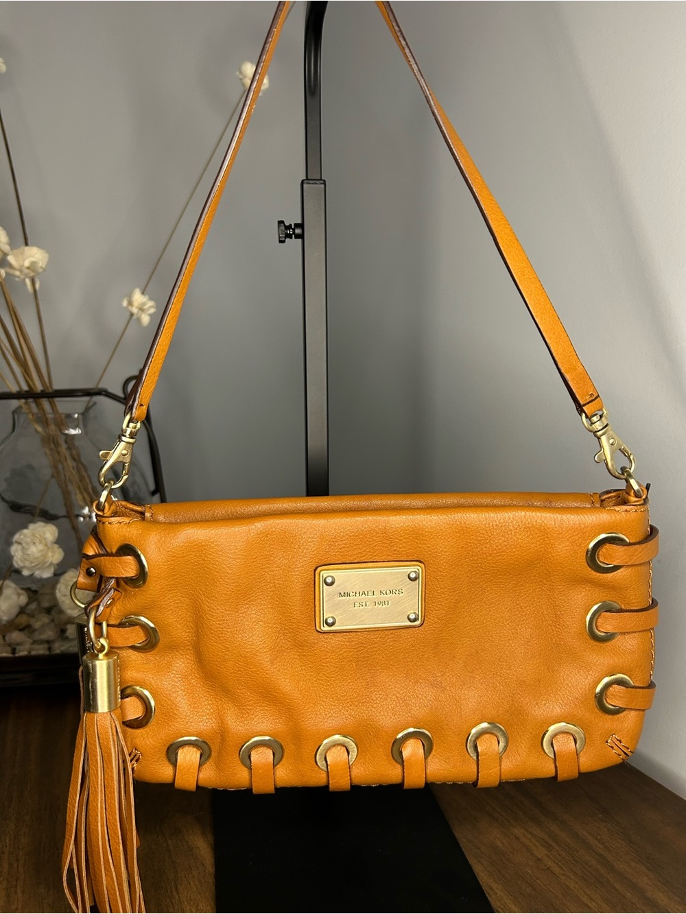 Michael Kors Astor Grommet Tassel Tan Leather Convertible Shoulder Clutch